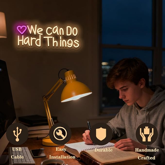We Can Do Hard Things neon sign, suitable for classroom wall decoration, back-to-school season, graduation season, student gifts. Dimmable, USB powered, pink heart-shaped inspirational neon light.