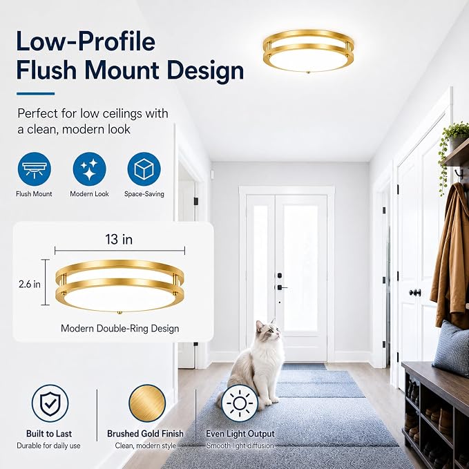 2-Pack 36W Dimmable LED Ceiling Light Fixtures, 13Inch 3600lm Super Bright Gold Flush Mount Ceiling Lights, 2700K/3000K/4000K/5000K/6500K Adjustable Modern Ceiling Lamps for Bathroom Bedroom Kitchen