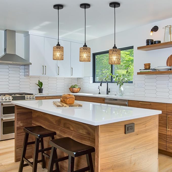 3 Pack Rattan Pendant Lights Kitchen Island, Farmhouse Pendant Lighting with Hand Woven Wicker Shade, Boho Chandelier Light Fixtures Ceiling Hanging for Dining Room Bedroom Foyer Hallway