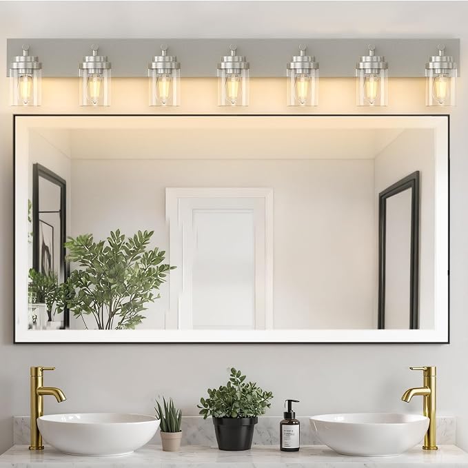 IZORRO Bathroom Vanity Light Fixture, 7-Light 52 inch Brushed Nickel Bathroom Light Fixtures Over Mirror, with Clear Glass Shade, Modern Farmhouse Vanity Lights, Rustic Restroom Lighting Fixtures