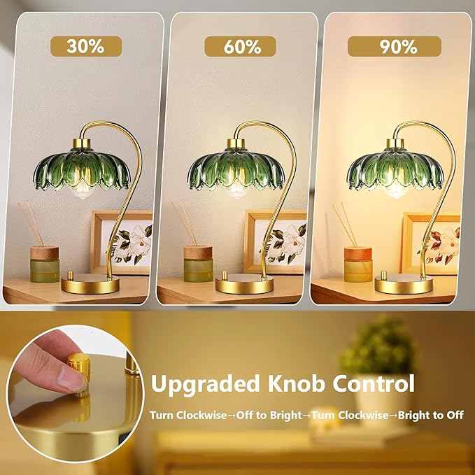 ILLMTW Flower Table Lamp Set of 2,Small Gold Bedside Lamps Dimmable Boho Bedroom Lamp with Glass Green Lamp Shade,Vintage Mid Century Modern Mini Nightstand Lamp for Bedroom Living Room