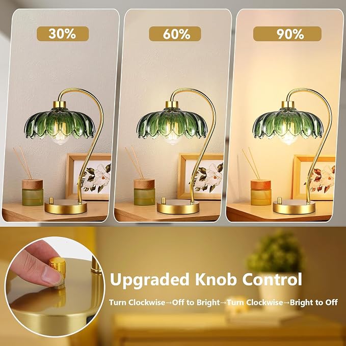 ILLMTW Flower Table Lamp for Bedroom Living Room,Small Gold Bedside Lamps Dimmable Boho Bedroom Lamp with Glass Green Lamp Shade,Vintage Mid Century Modern Mini Nightstand Lamp