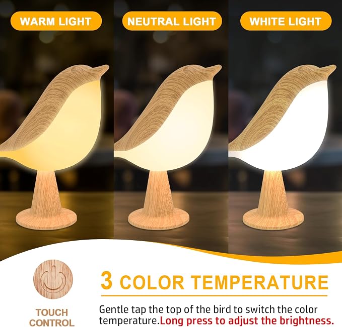 Deogos 2 Cute Bird Lamps Combo,Small Bedside Lamps with 3 Color Temperature and Adjustable Brightness,Rechargeable Cordless Lamp for Bedroom Nightstand Bedside Table (Wood Tone + Red) | 2 Packs Bird Night Light, Rechargeable Table Lamp with 3 Color Mod...