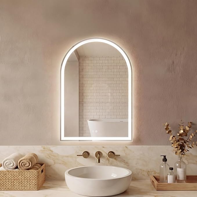 DUMOS 20"×28" LED Bathroom Mirror with Lights, Arched Vanity Mirror with Anti-Fog, Dimmable, 3-Color Light, Memory Function, Tempered Glass