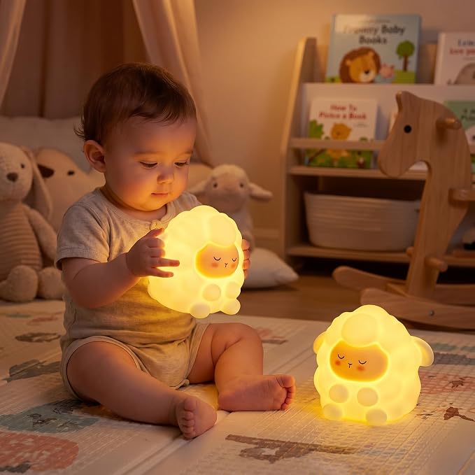 Cute Sleepy Sheep Silicone Night Light, Rechargeable Touch Control LED Lamp, 3 Level Dimmable Warm White Squishy Nursery Nightlight, Baby Kids Bedroom Bedside Decor Gift Lamp