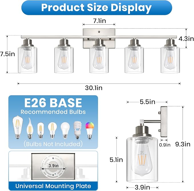 Ascher 5 Light Bathroom Light Fixture, Brushed Nickel Bathroom Lighting Fixtures Over Mirror, Vanity Light with Clear Glass Shade, Wall Sconce for Living Room Bedroom Cabinet, E26 Base