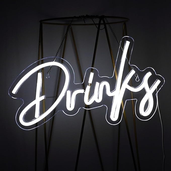 Looklight White Neon Light Drinks Letters Led Signs USB Powered Up Wall Decor for Teen Boys Room Bedroom Restaurant Bar Hotel