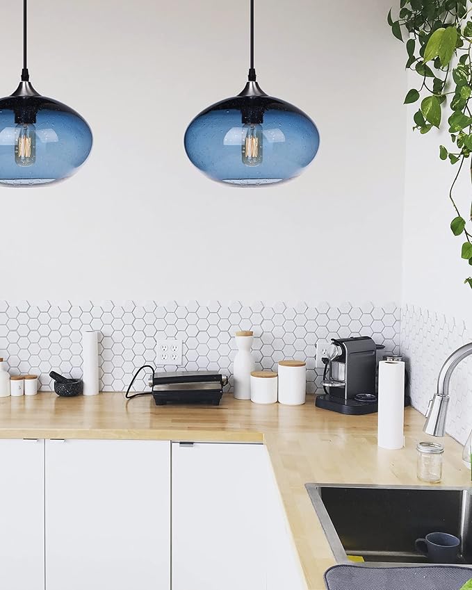 ARIAMOTION Pendant Lighting for Kitchen Island Blue Glass Modern Hanging Light Fixtures Seeded Bubble Over Sink 9.4 Inch Diam