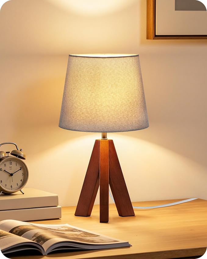 Tripod Table Lamp, 14.6" Small Bedside Lamp with Gray Linen Shade & Dark Wood Base, Modern Nightstand Lamp for Bedroom, Kids Room, Living Room, Nursery, Office, E26 Socket, LH51TL05