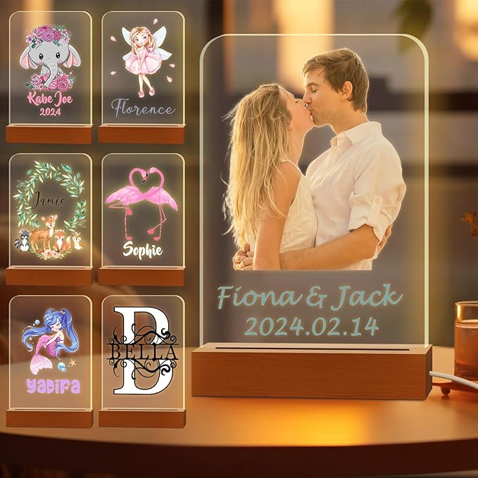 Personalized Photo Night Light for Kids Custom Engraved Name Acrylic LED Lights with Wood Base for Nursery Bedroom Decor Night Lamp, Customized Birthday Gifts for Boy and Girl