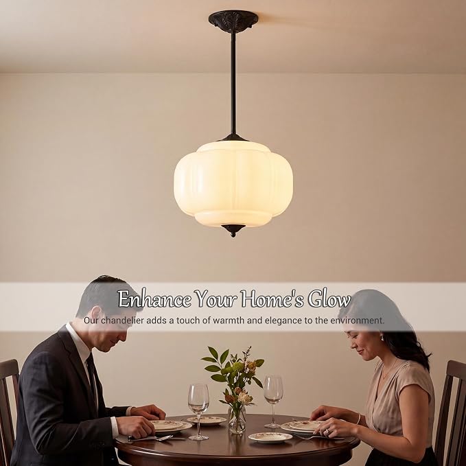 LOUSACE 15 in White Milk Glass Ceiling Light Fixture, Semi Flush Mount Vintage Milk Glass Pendant Light for Kitchen Island Hallway Bedroom Dining Room, LED Bulb Included