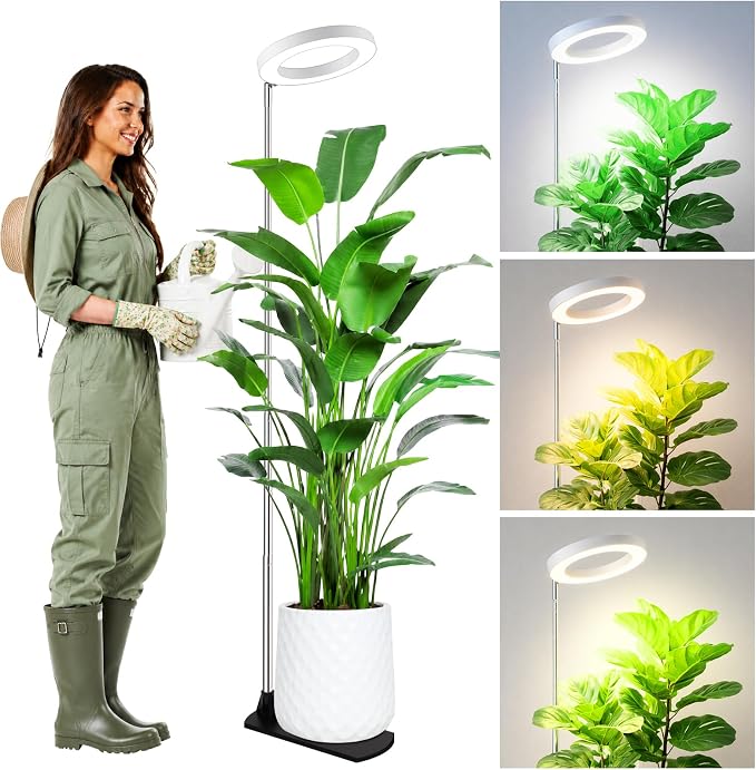 Grow Lights for Indoor Plants, 6.3" Full Spectrum Plant Light with Base | 59" Adjustable Grow Lamp For tall Large Plants, Base/Soil Stake, 6/8/12/16H Auto Timer, 3 Light Color, 5 Brightness, White