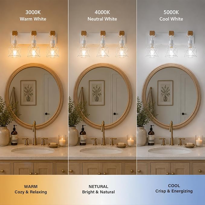 Farmhouse Vanity Light Fixture,3-Light Bathroom Lighting,White Modern Wood Wall Light Over Mirror with Metal Shade,Bulbs NOT Included