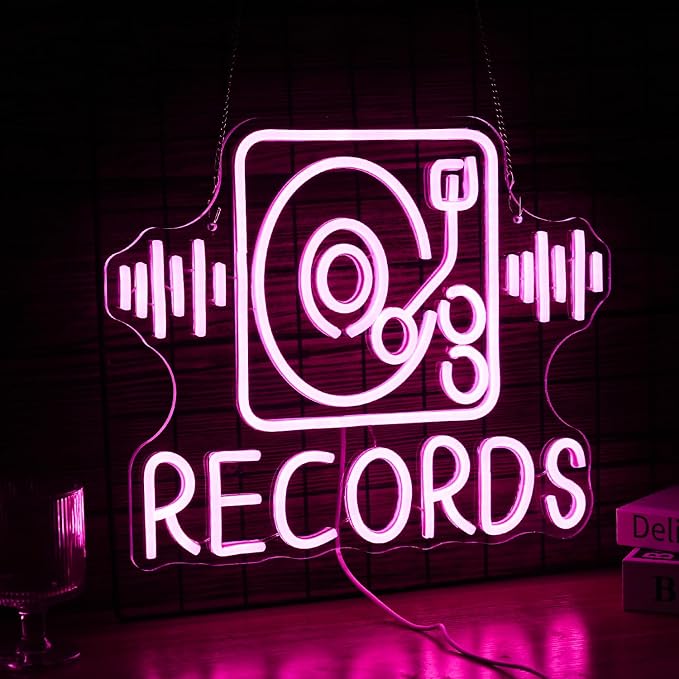 Records Neon Sign For Wall Decor Jukebox Music Light Up Sign Powered by USB Dimmable Pink Led Music Records Neon Light for Video Shop Karaoke Bar Party Bedroom Gifts(15.7"*12.2"）