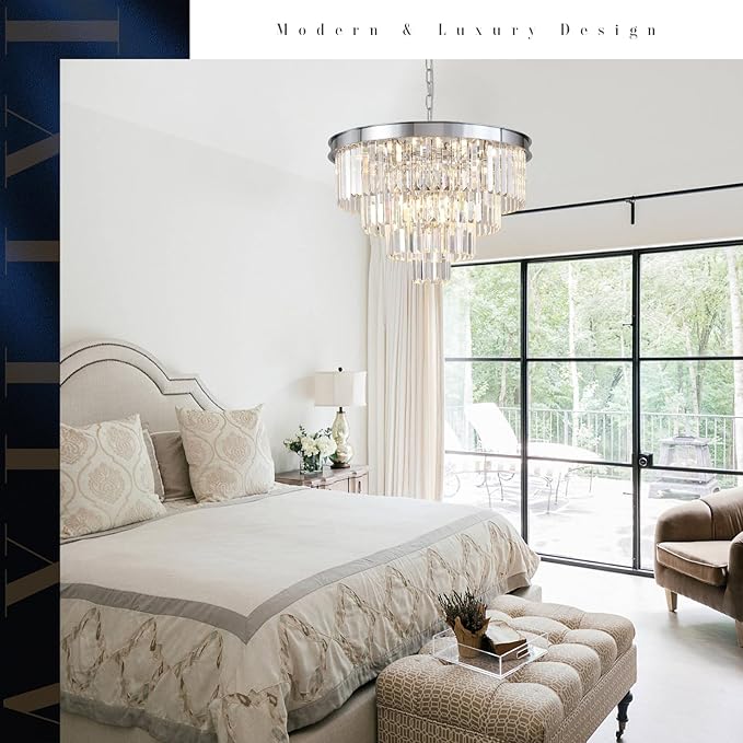 Chrome Crystal Chandelier 24” Modern Chandelier for Dining Room Round Ceiling Pendant Light Fixture 4 Tiers 12 Lights Luxury Large Chandelier for Entryway Living Room Bedroom