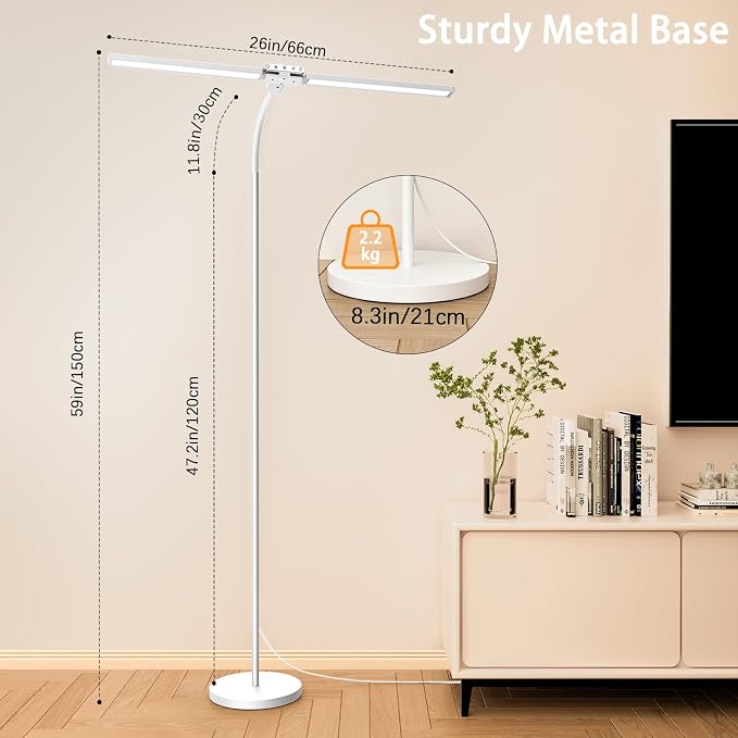 LED Floor Lamp, 24W Dual Head Dimmable Standing Lamp with Remote & Touch Control, Adjustable Gooseneck, 3000K-6500K Modern Reading Lamp for Living Room, Bedroom, Office & Crafts