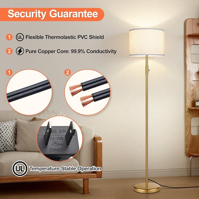 【Upgraded】 Dimmable Gold Floor Lamps for Living Room, 9W LED Bulb Included, Modern Standing Lamp with White Lamp Shade, Tall Pole Light for Bedroom Reading Office Corner Nursery