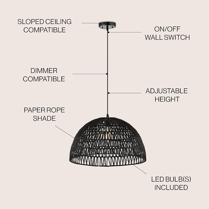 JONATHAN Y Campana 1-Light Pendant Dome Ceiling Lamp, 20", Black | Modern Coastal Farmhouse Decor, Adjustable Height, Woven Rope Metal Frame, LED Bulb Included, UL Listed