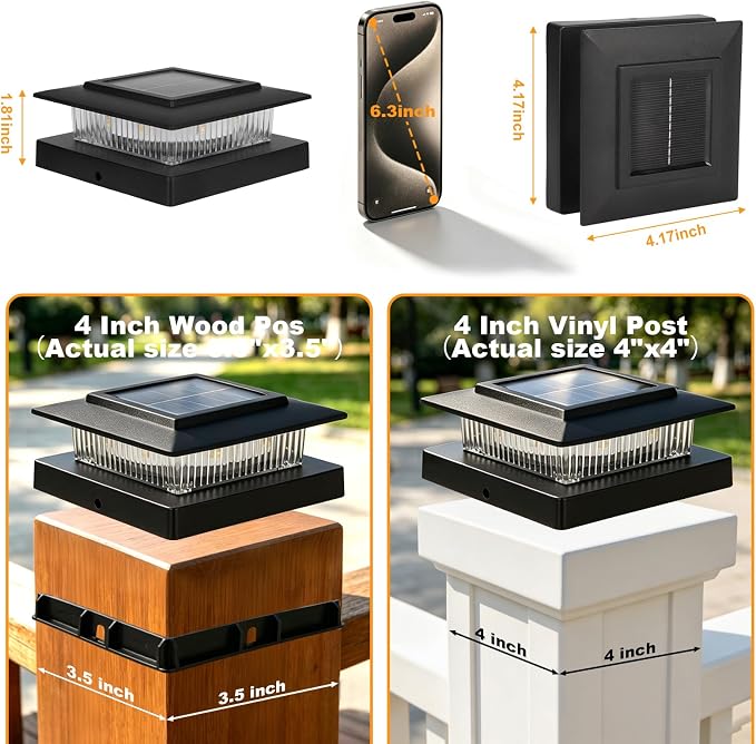 4x4 Post Solar Lights Outdoor, 13 Lighting Modes 8 LED Solar Post Cap Lights, Waterproof Solar Deck Lights for 4x4 3.5x3.5 Wood/Vinyl Fence Post (16)