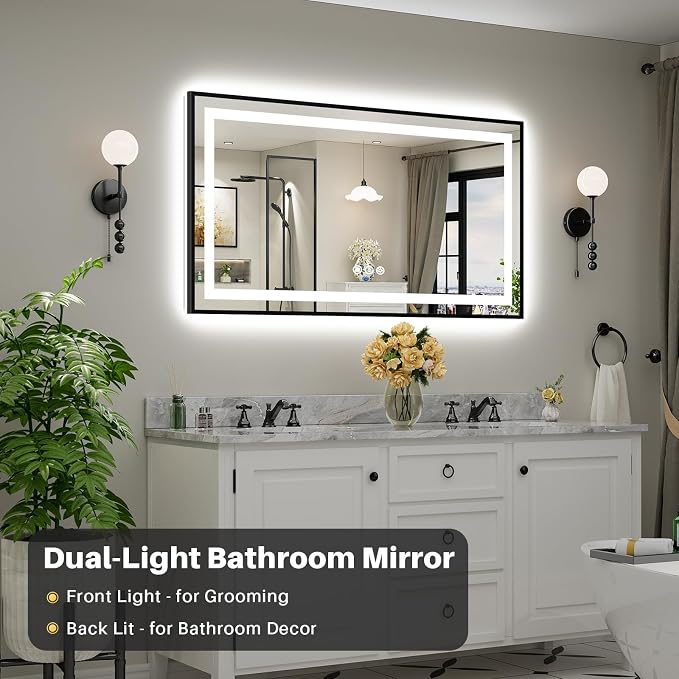 55x30 Inch LED Bathroom Mirror with Black Frame, Backlit & Front Lit | Anti-fog, 3 Color Dimmable, Memory Function, HD Reflection Tempered Glass, ETL Listed, IP54 Waterproof