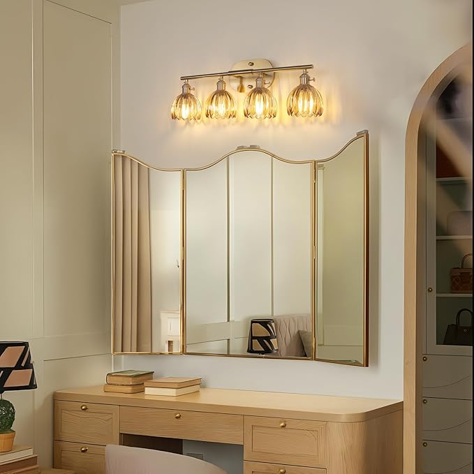 Bathroom Light Fixtures, 4-Light Brass Vanity wall Light Over Mirror with Amber Tulip Glass Shade for Bedroom Living Room (Bulb Not Included)