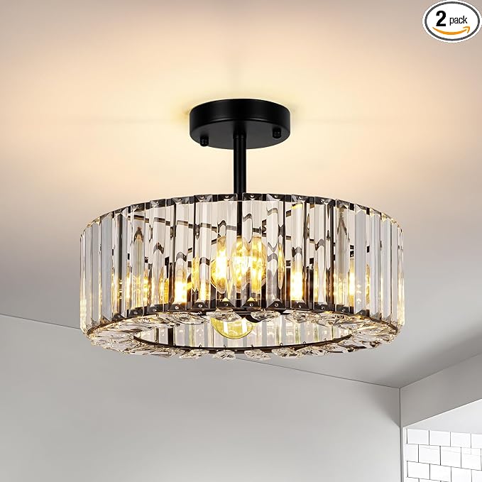 FRIDEKO HOME Semi Flush Mount Ceiling Light - Small Crystal Chandelier Hallway Black Metal Cage Modern Light Fixture for Entryway Bedroom Porch Kitchen (9-Black-4 Light-1pcs-14.56 inch)