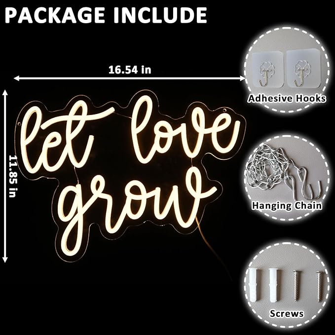 Let Love Grow Neon Sign for Wedding Dimmable Warm White 16.54 x 11.85" Led Sign for Bridal Shower Engagement Neon Light for Wedding Ceremony Succulent Bar Party Home Wall Art Bedroom Decor