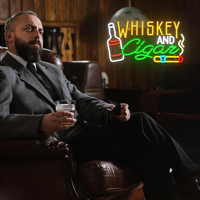 Whiskey Cigar Neon Sign for Wall Decor Dimmable Whiskey Bar Led Sign for Lounge Cigarettes Neon Light for Home Pub Beer Bar Man Cave Wine Cellar Hotel Bedroom Party Decor