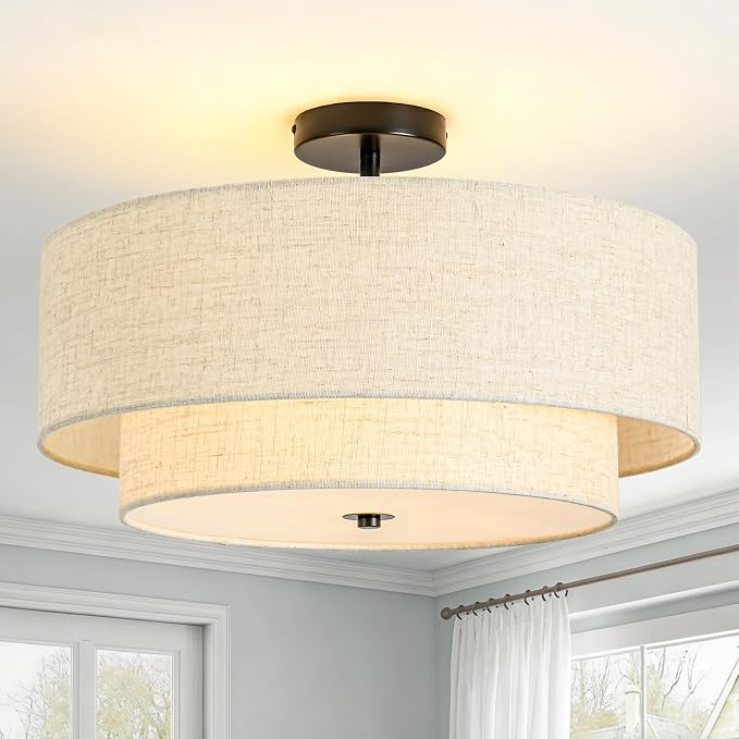 4-Light Semi Flush Mount Ceiling Light, 19.7" Double Drum Ceiling Light | 2-Tier Fabric Linen Shade Design, Modern Style, Black Ceiling Light for Dining Room, Living Room, Bedroom, Hallway, Entryway