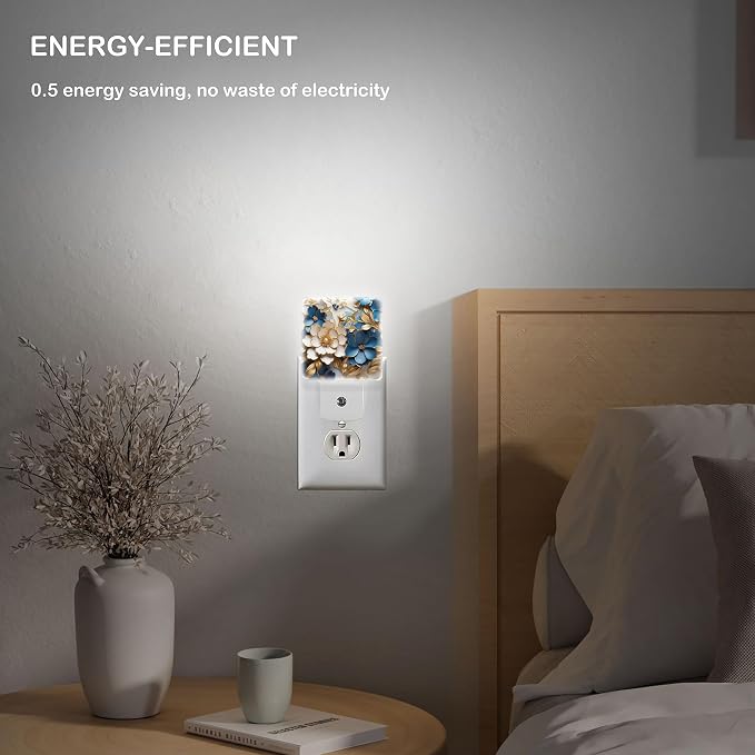 LED Night Light Lamp with Smart Sensor Dusk to Dawn Sensor,Gold and Blue Flowers Night Light Daylight White,0.5W Plug-into Wall for Adults,Bedroom,Bathroom,Hallway,Kitchen