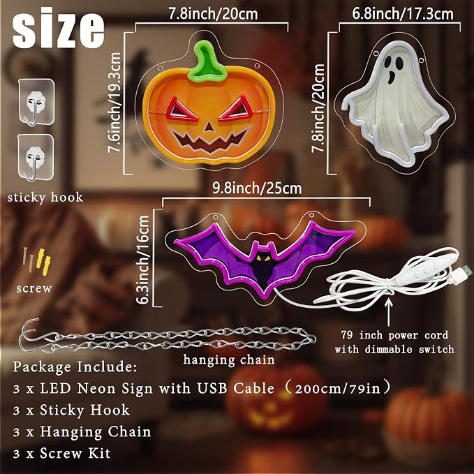 3Pcs Halloween Neon Signs Set Dimmable Pumpkin Ghost Bat Led Neon Light | USB Powered UV-Printed Spooky Neon Light Up Sign for Game Room Wall Halloween Party Presents Holiday Home Decorations