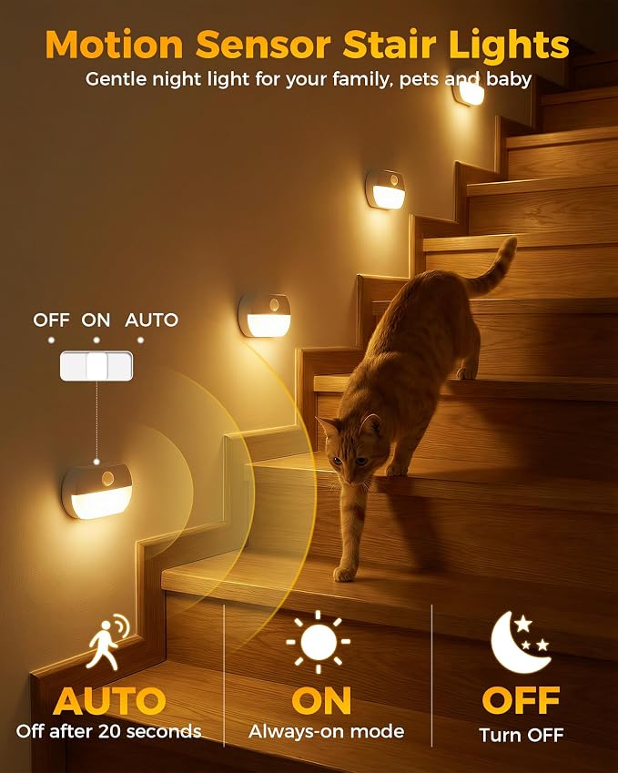 12 Pack Rechargeable Motion Sensor Stair Lights, Indoor Hallway Light | Portable Wireless Stick On Night Light, Battery Operated LED Lights for Staircase Closet Cabinet Toilet