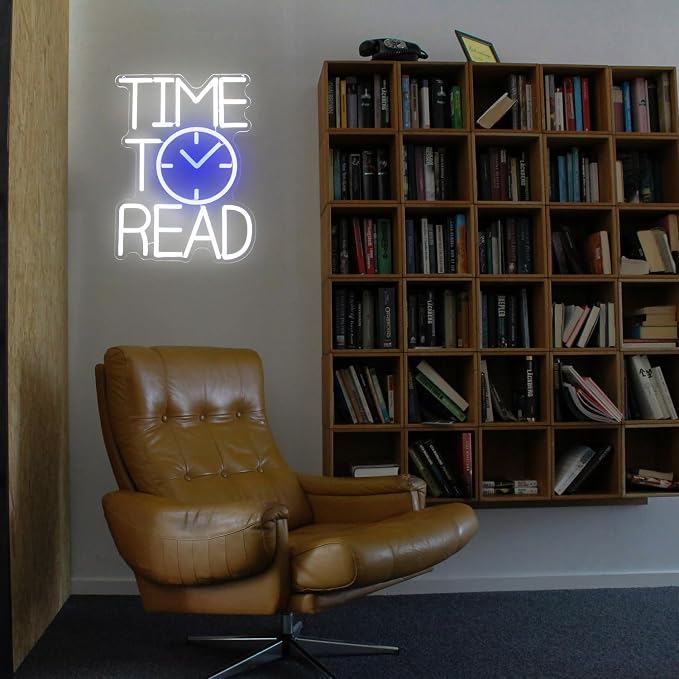 Time To Read Neon Sign Read Books Neon Lights for Bedroom Bookstore Decor | White Letter LED Signs, Blue Clock Neon Read Light Up Sign, Dimmable Acrylic Wall Art, USB Powered, Reading Corner Decor