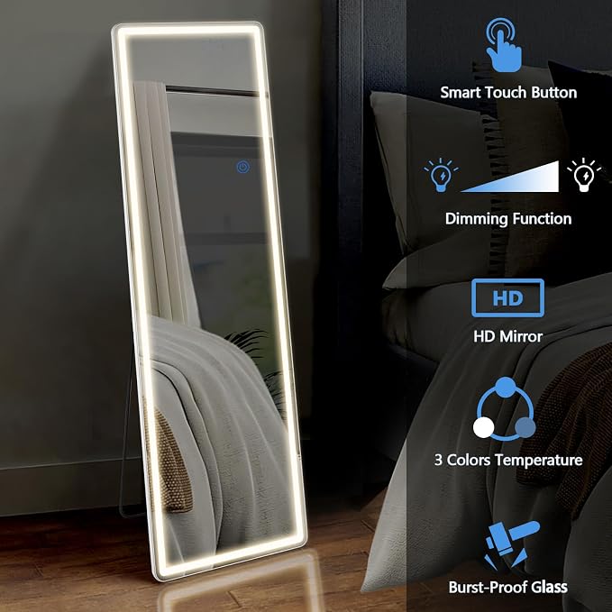 DUMOS Full Length Mirror Lighted, 20"x63" LED Floor Standing Mirror | LED Lights 3 Color Lighting and Shatterproof Tempered Glass, Wall Hanging or Leaning, Floor Standing, Modern Home Decor