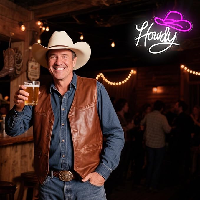 Cowboy Hat Neon Sign Howdy Neon Sign for Wall Decor Dimmable Western Cowboy LED Neon Light for Office Rustic Home Man Cave Beer Bar Cafe Recreation Room Girls Club Gameroom