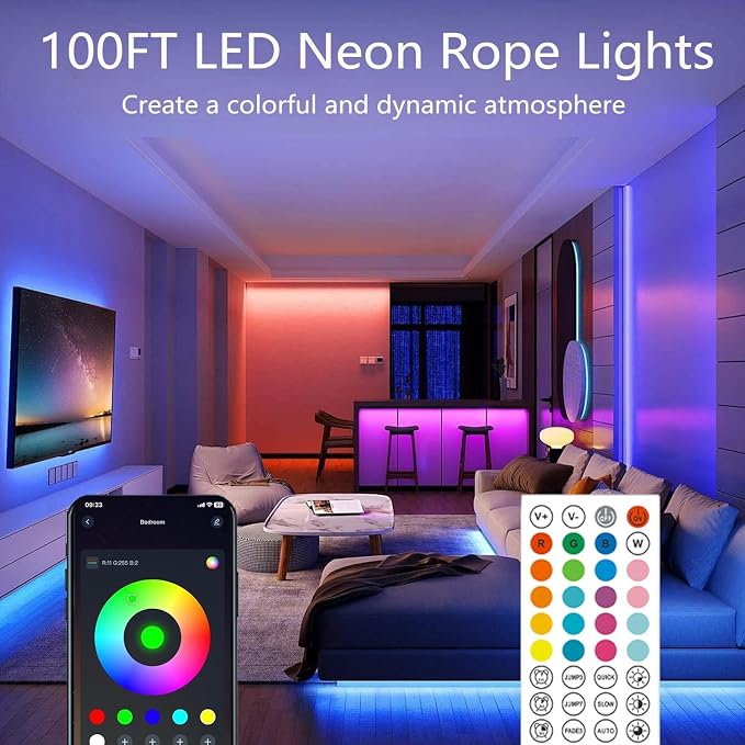 100FT Led Rope Lights,Flexible Neon Light Control with App/Remote,Multiple Modes,IP65 Outdoor Waterproof,Music Sync Strip for Bedroom