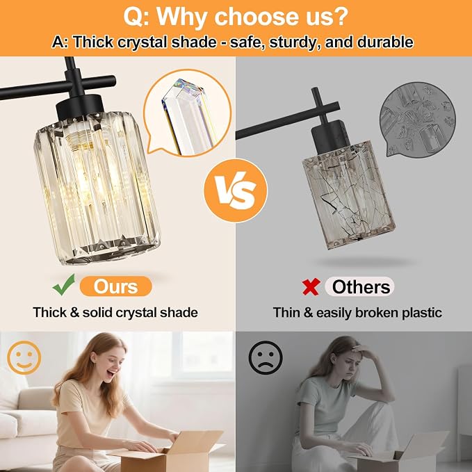 Modern Wall Sconces Set of 2, Matte Black Wall Lights with Clear K9 Crystal Shades, Bathroom Vanity Lights for Bedroom, Living Room, Hallway