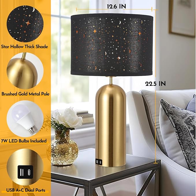Touch Control Lamps Set of 2 Gold Table Lamps 3-Way Dimmable with USB A+C Ports Tall Modern End Table Lamps for Living Room Bedside Nightstand Bedroom Brass Lamp,Black Hallow Shade, 22“
