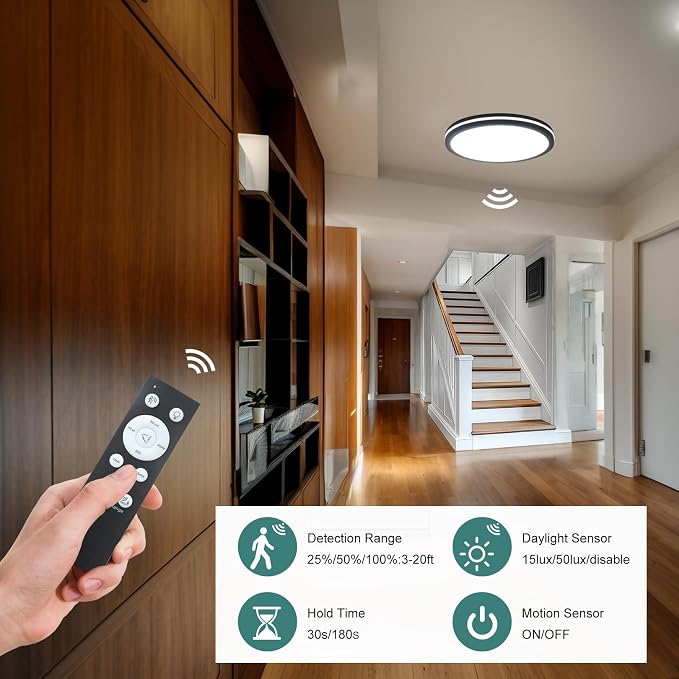 Motion Sensor Ceiling Light, 11 Inch Hardwired Flush Mount 2400LM | Remote Dimmable, 3000K/4000K/6000K, Waterproof, for Closet Hallway Stair Porch Laundry Black