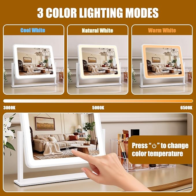 Rechargeable Vanity Mirror with Lights, 3000mAH Battery, 14"×12" LED Makeup Mirror, 10X Magnification, Smart Touch with 3-Color Lighting, 360° Rotation, Lighted Up for Makeup Desk, Bedroom (White)