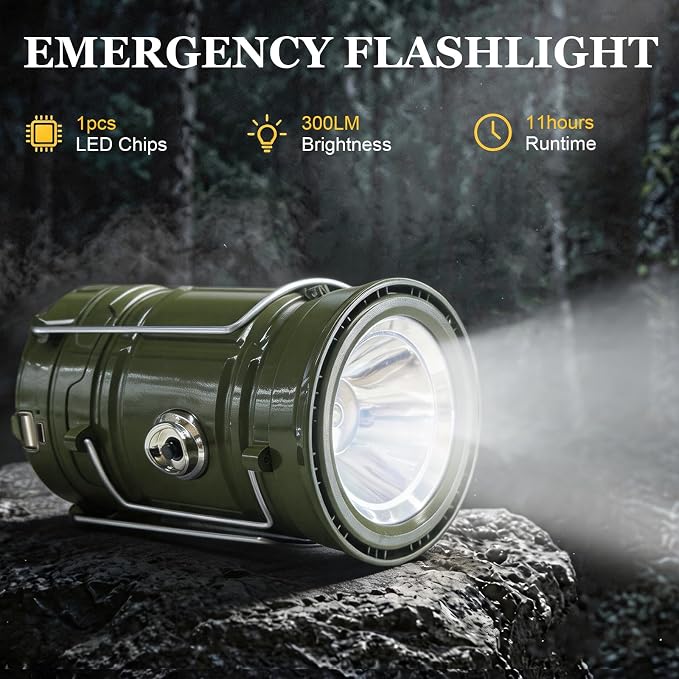 DIBMS 2-Pack Solar Camping Lantern, Collapsible Flashlight Emergency Lights | LED Solar USB Rechargeable Lamp Tent Hanging Lights Survival Kits for Hurricanes Power Outages Indoor Outdoor (Army Green)