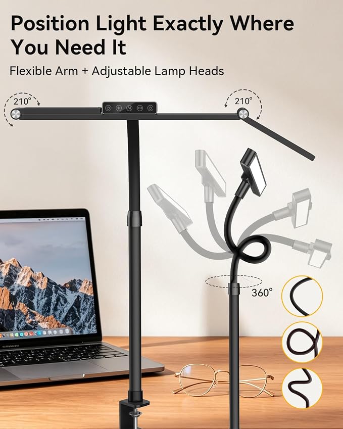LED Desk Lamp with Clamp, 24W 3-Panel Light for Dual Monitors | 1800 Lumens, 96 LED, 3 Adjustable Panels, 360° Gooseneck, 2700K-6500K Color Temps, Remote, Touch Control, Memory Function