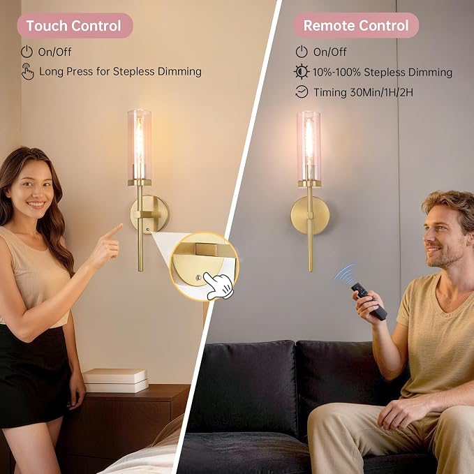 Shenmoyl Battery Operated Wall Sconces Set of 2, Gold Rechargeable Wall Lighting Fixtures, Dimmable Wall Lights with Remote & Pink Glass Shade for Living Room, Bathroom,Bedroom