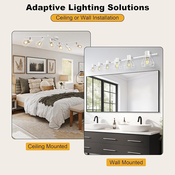 HiBay 6-Light Ceiling Track Lighting Fxiture White, Modern Spotlight, E26 | Rotatable 6 heads with farmhouse metal cage shade for kitchen living room dining area, bulb not included