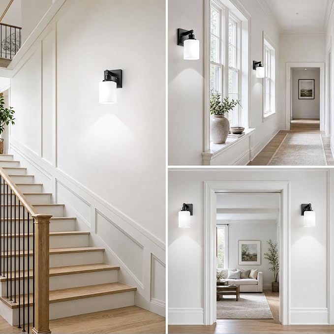Set of 2 Wall Sconces for Bathroom, Black Bathroom Vanity Light,Modern Wall Sconces Indoor with Square Frosted Glass,Farmhouse Wall Lamp for Bedroom Living Room Mirror Hallway
