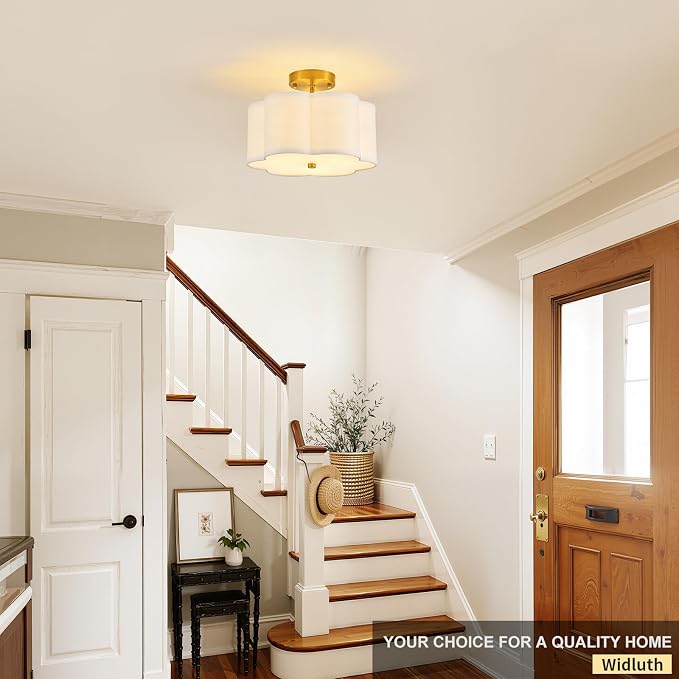 12.9" Gold Semi Flush Mount Ceiling Light, Linen 3-Light Fixture | White Linen Petal Shade, Modern Gold Style For Bedroom, Hallway,Dining, Bedroom,Laundry; Close-To-Ceiling, E26, Easy Install