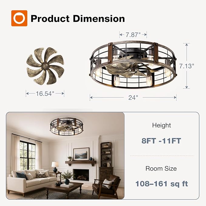 addlon 24" Caged Ceiling Fans with Lights and Remote, Low Profile Fandelier | Wider Airflow, 1/2/4/8H Timer, 6 Speeds, Reversible DC Motor, 6 E26 Sockets, Farmhouse Style, Quiet Operation