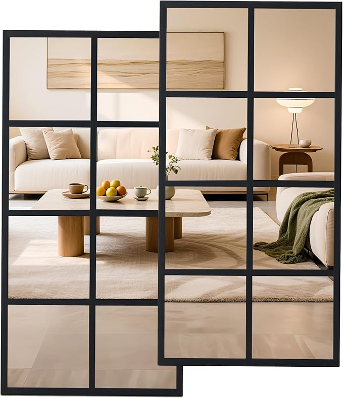 NEWBULIG Wall Mirror, 32" x 16" Window Decorative Mirrors, Metal Framed Wall Decor Wall-Mounted Mirrors for Bedroom, Living Room, Entryway, Black 2 Packs