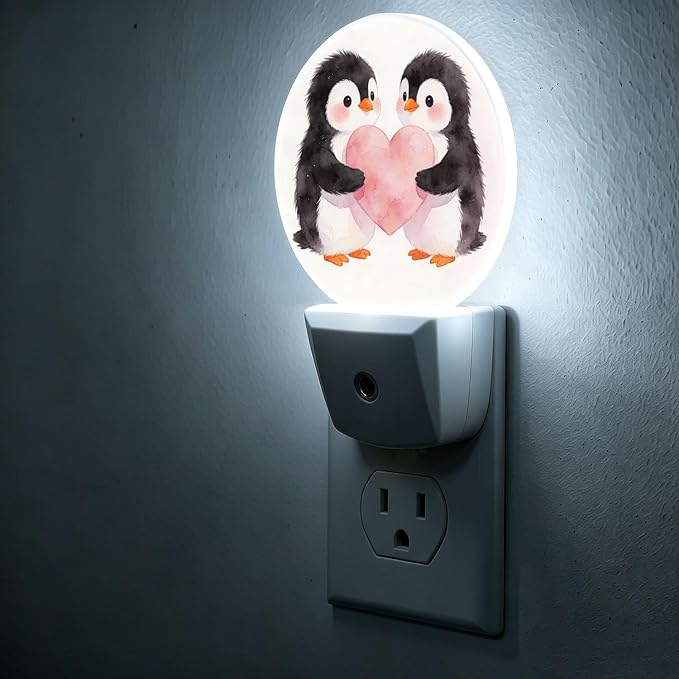 Night Lights Plug into Wall Cute Penguin Pink Heart Night Light Auto Sensor | Animal Romance Plug in Night Lights for Wall Socket with Dusk-to-Dawn Sensor for Bedroom, Bathroom and Living Room
