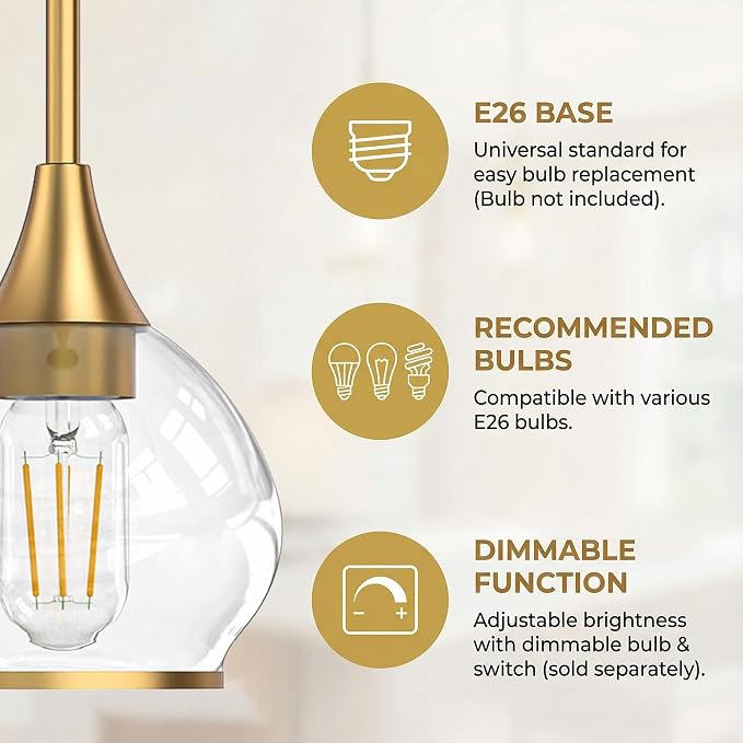Gold Pendant Light Kitchen Island, 1 Light | Brushed Gold Pendant Light Fixture, Glass Globe Hanging Light, Adjustable Height for Kitchen Island, Dining Room & Bar